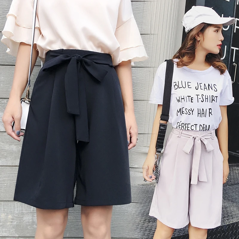 Летние женские широкие шорты Harajuku, шифоновые тонкие шорты с высокой талией, свободные повседневные Черные шорты для женщин
