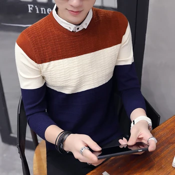 

2018 autumn new sweater fake two men's shirt collar men's sweater contrast color casual long-sleeved sweater