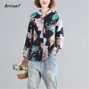 

cotton linen autumn vintage floral korean style plus size Casual loose shirt women blouse 2020 clothes ladies tops streetwear