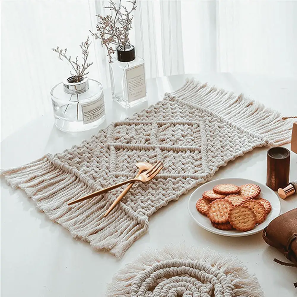 

Nordic Macrame Coaster Bohemia Placemat Insulation Non-Slip Tablemat Handwoven Cotton Pad Home Kitchen Restaurant Decoration