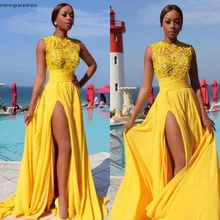 Желтое шифоновое платье для выпускного вечера, недорогое, простое, с высоким разрезом, сексуальное, официальное, летнее, праздничное, вечернее платье, на заказ, большие размеры