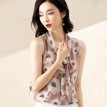 

Chiffon Shirt Summer Top Skin-Friendly Cool Simple V-neck Knotted Sleeveless Chiffon Shirt