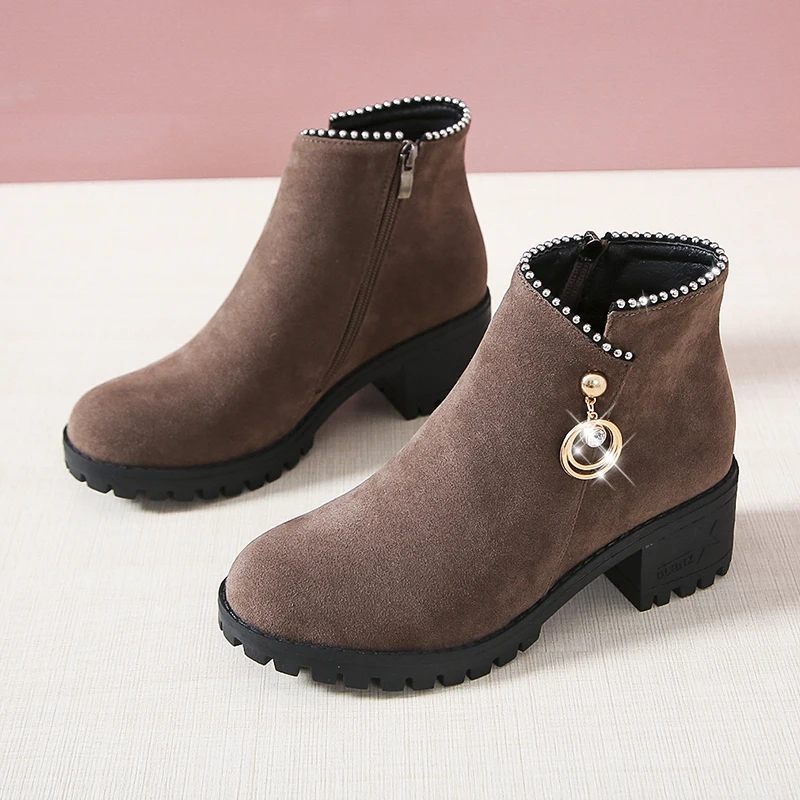 Autumn Winter Warm Women Ankle Boots Square High Heels Leather Boots Pointed Martin Boots Casual Pumps