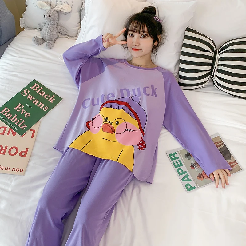 

Women Sleepwear Cotton Pajamas Cartoon Nighty Spring Fall Pyjamas Pullover Loose Version Pajamas Plus Size XXL