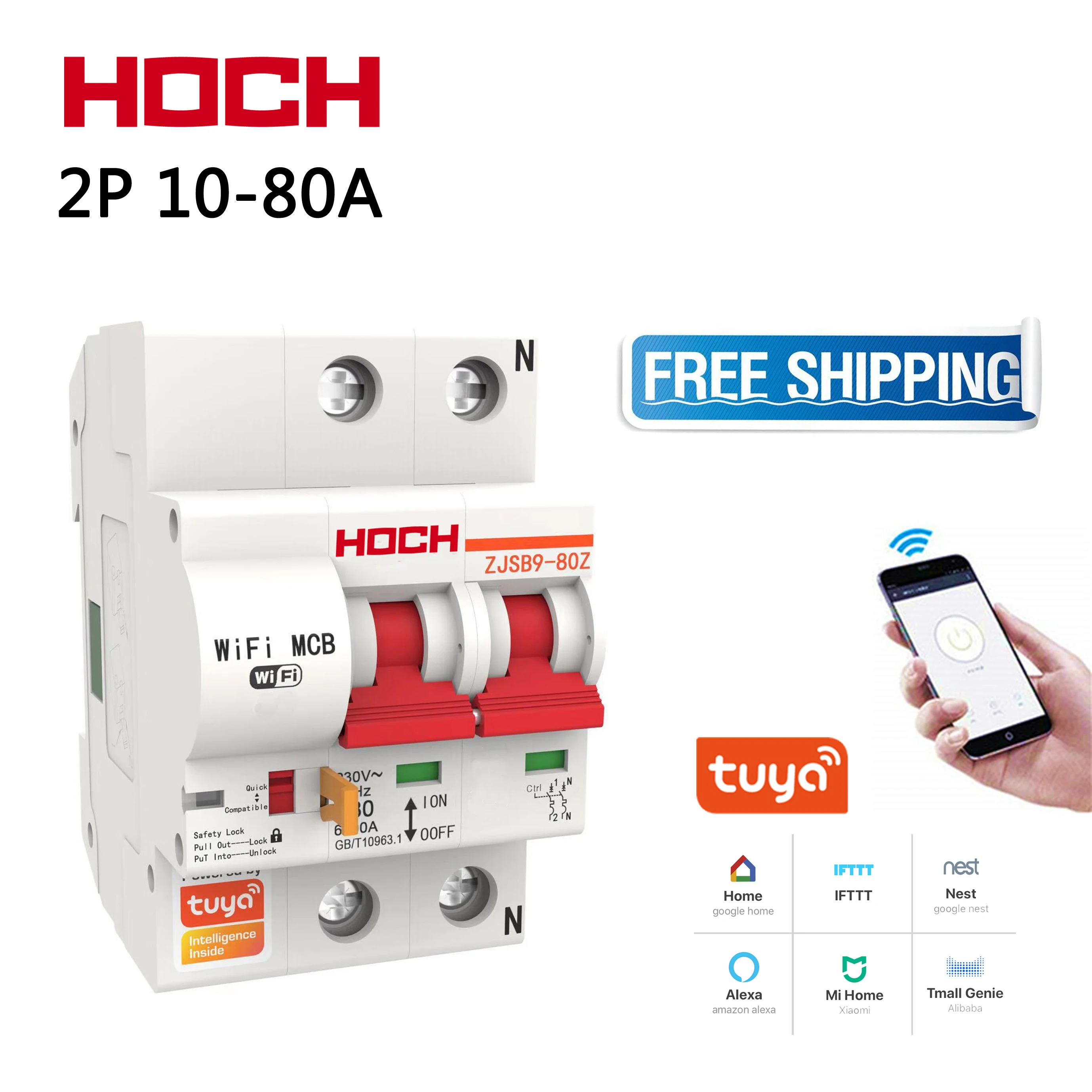 

HOCH ZJSB9-80Z Tuya WIFI Circuit Breaker FACTORY Timer Remote Control 2P Smart Home Intelligent Wireless Switch Free shipping