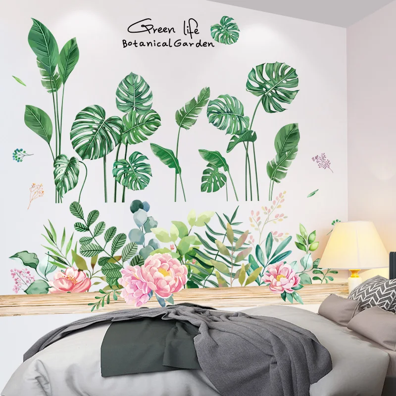 

[shijuekongjian] Flower Grass Wall Stickers DIY Green Leaves Wall Decals for Living Room Shop Nursery Kitchen Home Decoration