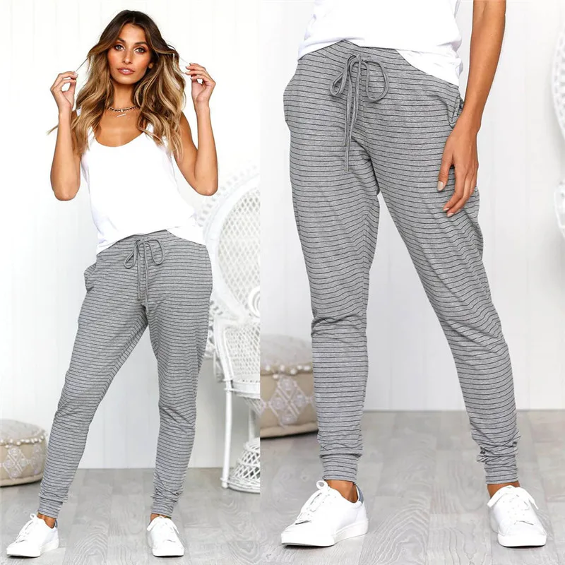 

Striped Print Slim Trousers Beam Foot Casual Feet Catwalk Pants Drawstring Design Mid Waist Pant with Pockets Streetwear Pants
