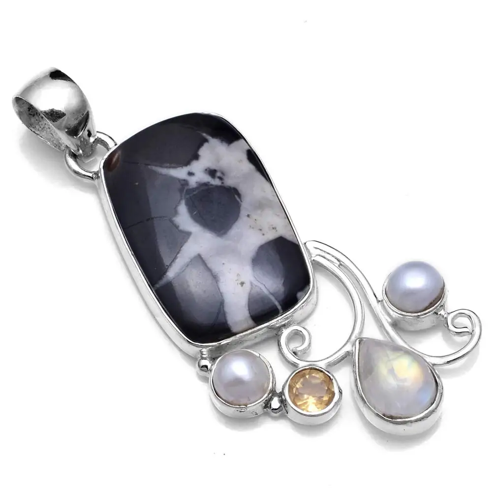 

Genuine Pinolith + Moonstone Pendant 925 Sterling Silver, 81.2 mm, 2SP0736