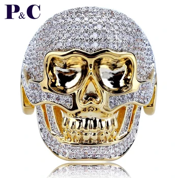 

Skeleton Head Ring Charm Hip Hop Fashion Bling Ring Copper Gold Color Bicolor Iced Out Micro Pave AAA CZ For Men Gifts