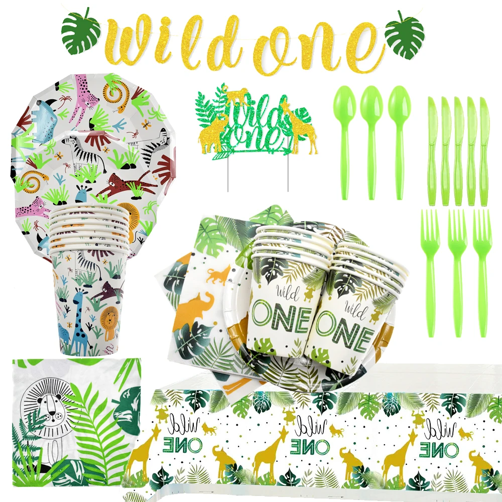 1st Safari Birthday Decorations Tableware Set Serves 24 Guests 96 Pieces Napkins Including Plates HIPEEWO Wild One Birthday Decorations Wild One Party Supplies and Cups 