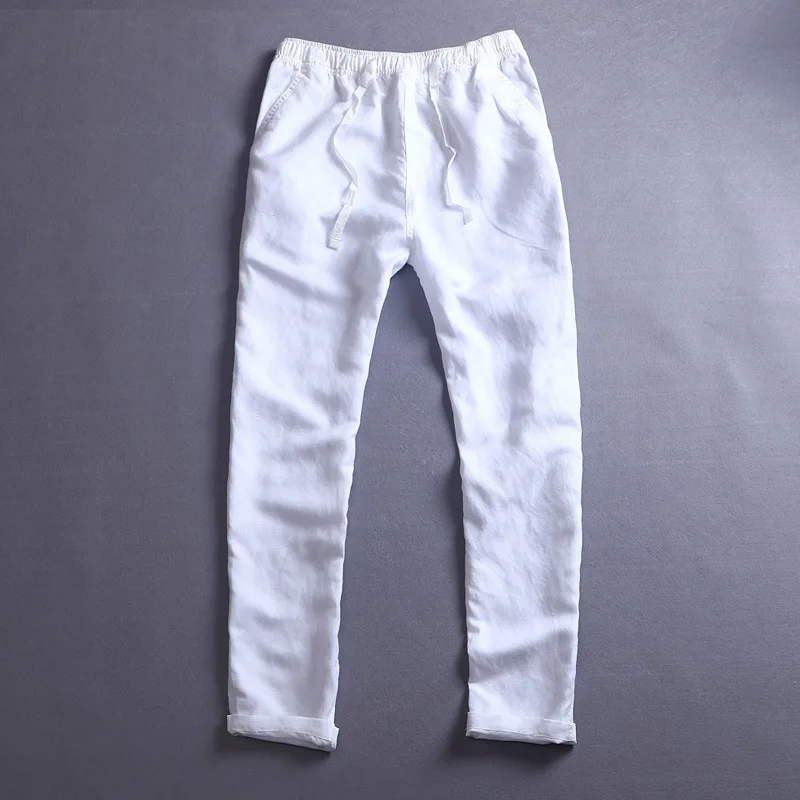 Мужские летние повседневные штаны из натурального хлопка, льняные брюки для мужчин, Гавайские однотонные белые прямые мужские брюки с эластичной талией Y026 - Цвет: White