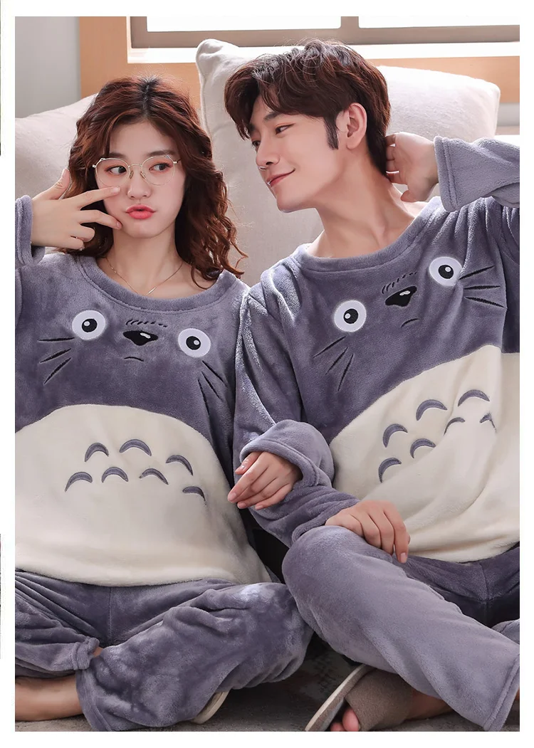 Фланелевые пижамы для пары, зимняя теплая Пижама для влюбленных, Корейская Повседневная тёплая Пижама с рисунком для взрослых женщин и мужчин, домашний костюм для взрослых