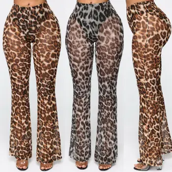 

Women High Waist See Through Flared Leg Mesh Summer Beach Long Pants Trousers