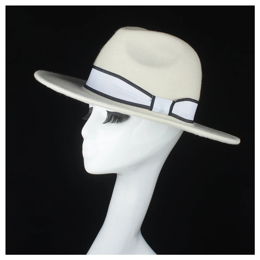 Шерсть белая женская шляпа-федора для элегантной леди широкий джазования с полями шляпка для церкви осенние вечерние шляпы женская шляпа размер 56-58 см