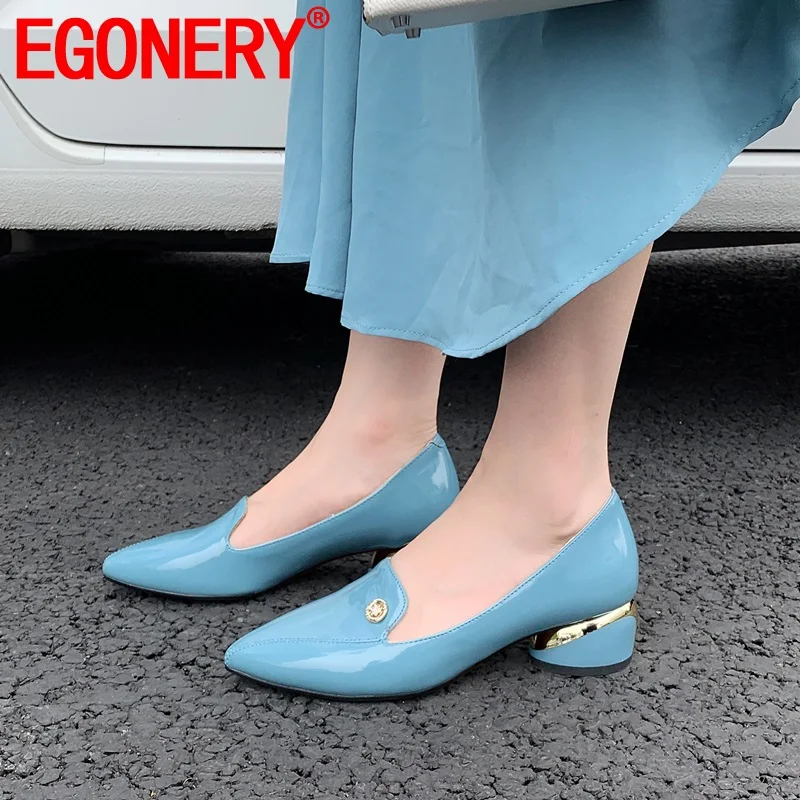 

EGONERY fashion woman flat shoes pointed toe office work shoes spring summer blue Artificial patent leather Slip-on boat shoes