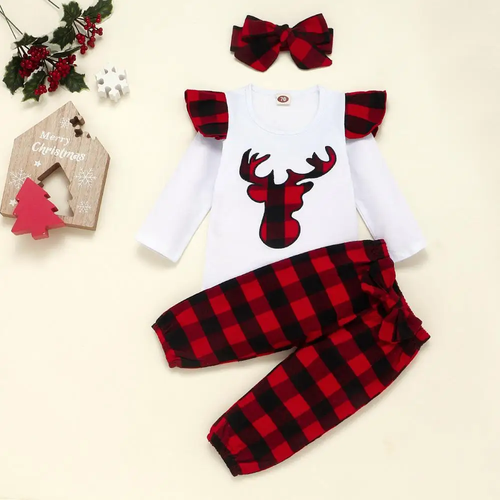 Christmas Baby Boy Girls Costume Clothes set Cotton Reindeer Long sleeve Top+ Pant+ Headband 3PC Outfits
