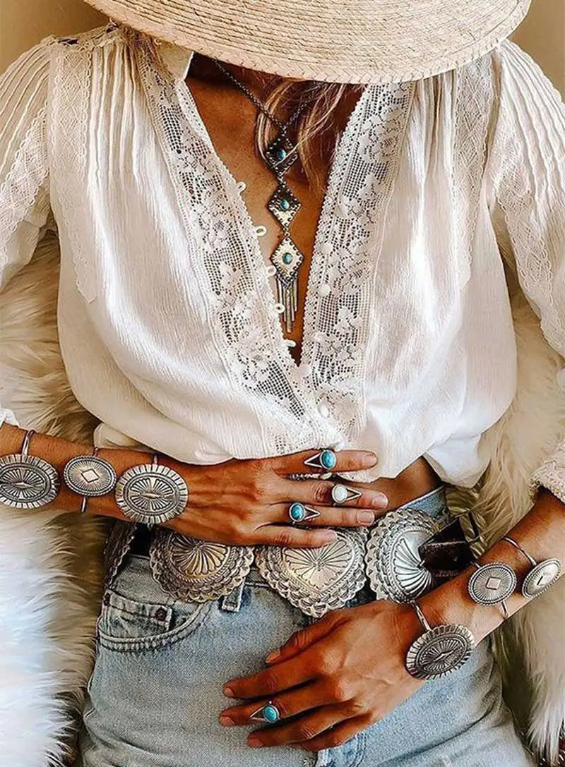 GypsyLady White Boho Blouse Shirt Lace Inserted Chic Blouse Loose