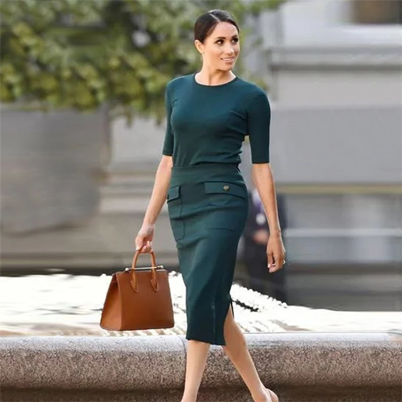 Женский трикотажный костюм Meghan Markle элегантный облегающий комплект из двух
