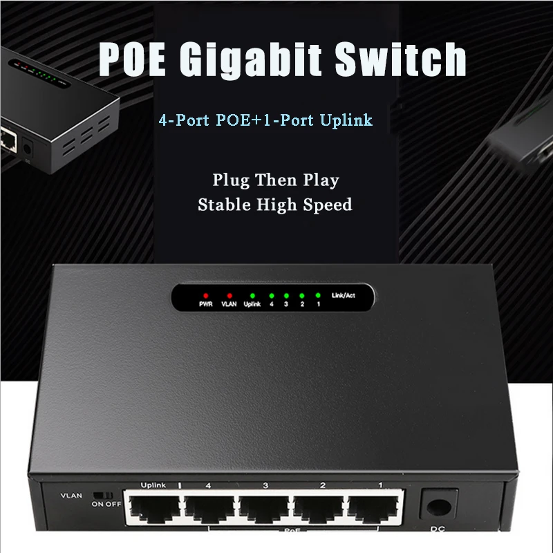 52V 1.25A 1000Mps 5-Port Gigabit POE Switch Ethernet Switch Não Gerenciado VLAN Com Alimentação Externa para AP Wireless/Câmera POE
