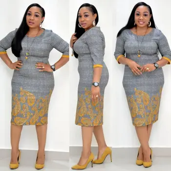 

2020 Spring Summer Plaid Print Dashiki African Dresses for Women Africa Elegant Bodycon Pencil Office Party Dress Plus Size