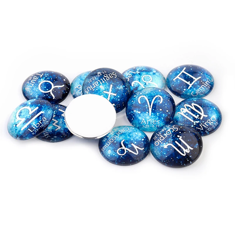 10/20pcs Blue 12 Constellation Astrology Pattern 10/12/14/18/20/25mm Round Flatback Glass Cabochon Spacer For DIY Jewelry Making