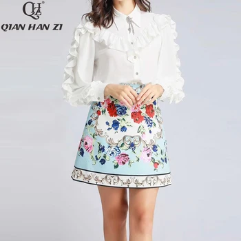 

Qian Han Zi 2020 Designer Fashion two Piece Set Women's long sleeve ruffled white shirt and flower print mini skirt elegant set
