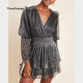 

ZA women dress sliver grey shiny thread cross V-neck ruffled ladies slim elegant mini club evening party dress woman dresses