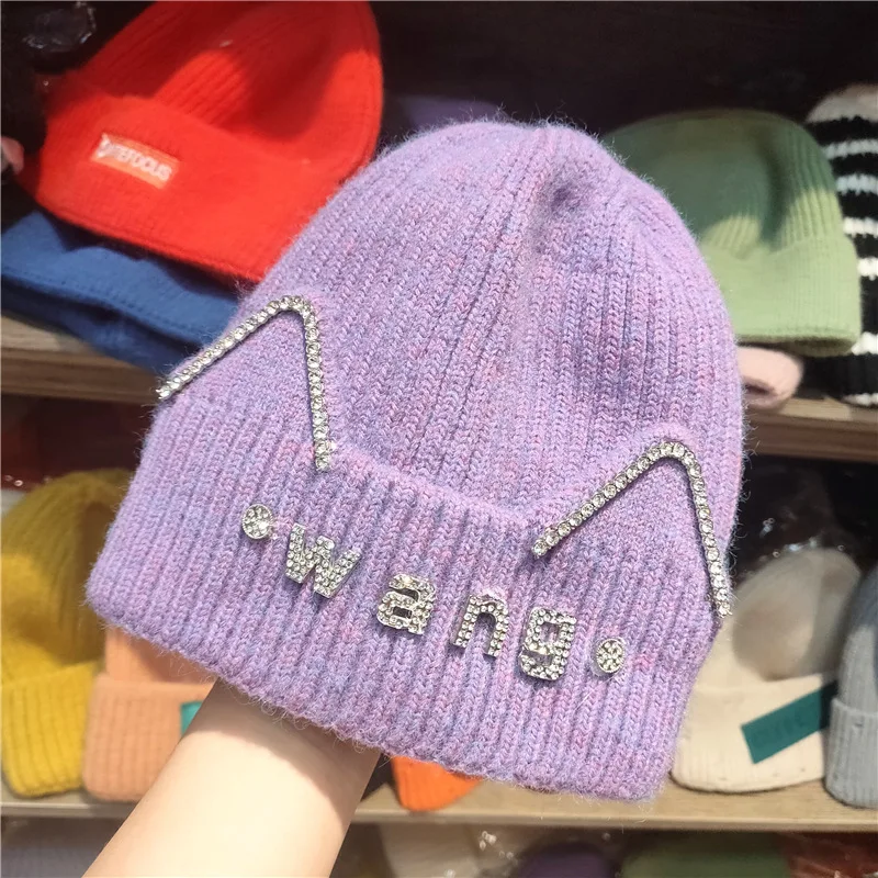 

Winter thick warm hat women shine unique cat ears knitted wool hat small retro hat Beanies Winter Hats for women