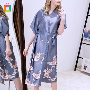

Spring and Autumn Women's Long Embroidered Printed Nightgown Rayon Pajama Dress Homewear Female Fairy Crane Glittery