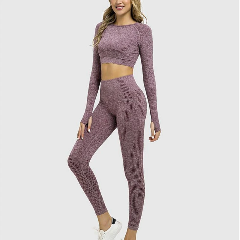 2021 Women Seamless Yoga Set Fitness Sports Suits GYM Cloth Yoga Long Sleeve Shirts High Waist Running Leggings Workout Clothing