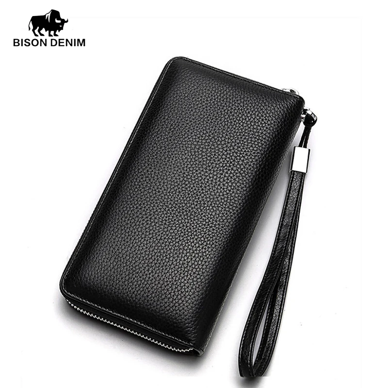 BISON DENIM Genuine leather Wallet Men Zipper Coin Pocket Long Purse Male Passport Multi-card Slots Wallet large capacity 2