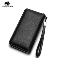 BISON DENIM Genuine leather Wallet Men Zipper Coin Pocket Long Purse Male Passport Multi-card Slots Wallet large capacity 2