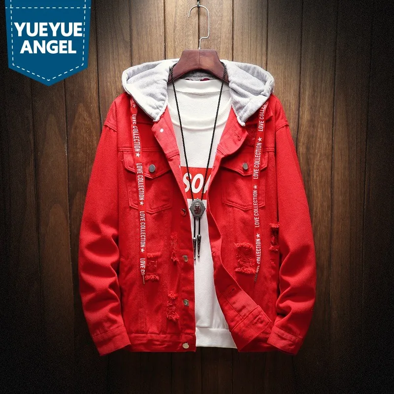 Spring Hip Hop Loose Fit Ripped Hole Denim Coat Men High Street Single Breasted Hooded Jacket M-3XL 2020 Pink Cowboy Outerwear photo