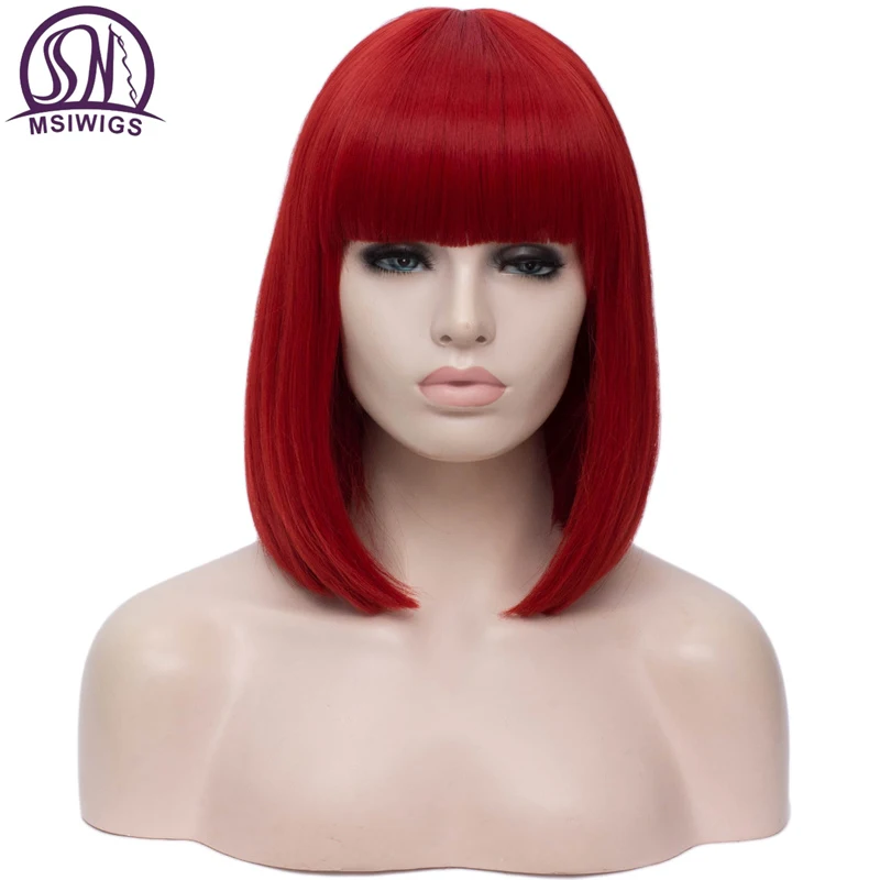 Billige MSIWIGS Synthetische 14 zoll Gerade Kurze Bob Perücken Pony Blau Gold Rot Schwarz Weiß Lila Grün Braun Cosplay Perücke Weibliche