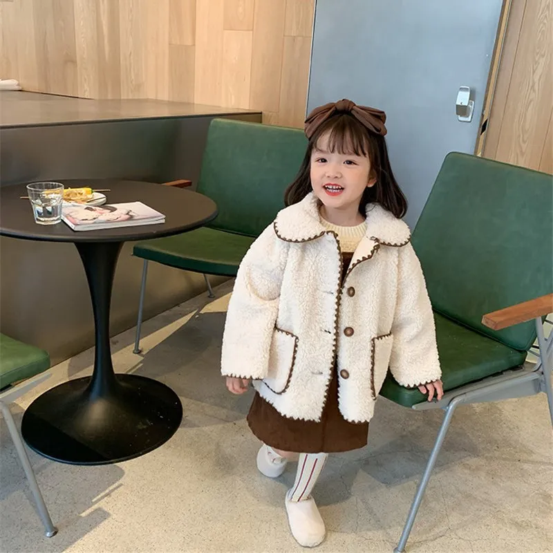 

2020 New Winter Girls Deerskin velvet Thicken jacket Korean Solid Color One piece of fur Children Soft warm Casual Coats Clothes