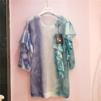 

2020 Autumn Sweater Woman New European Style Stitching Tie-Dye Woolen Sweater Women's Loose Hollow Pullover Ruffles Jumper Long