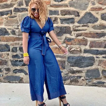 

Nice Women Denim Jumpsuit Ladies Short Sleeve Jeans Rompers Female Casual Plus Size Denim Overall Playsuit With Sashes