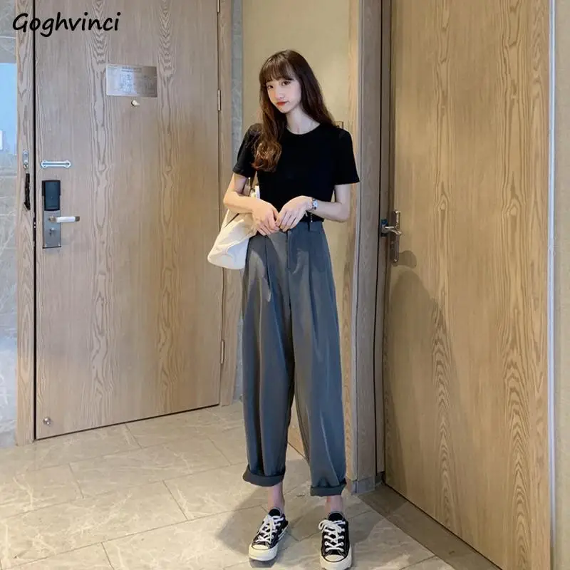 Women Sets Leisure Fashion Solid Simple Slim High-waist Wide-leg Straight Long Trousers Female Elegant Lady Korean-style Chic |
