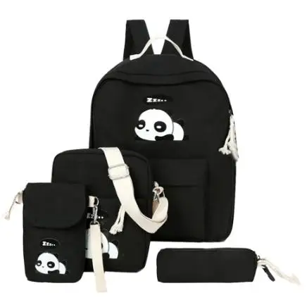 4 шт./компл. холст Для женщин рюкзак для девочек с принтом милой панды; школьные рюкзак сумка для подростков книга Mochila Feminina - Цвет: Черный