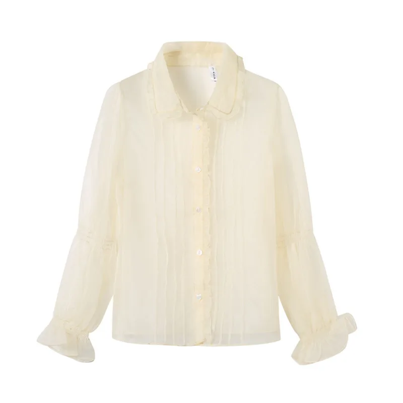 beige LANMREM абрикосовый кукольный воротник с длинным рукавом с деревянными ушами прозрачная Базовая рубашка Женская милая простая Модная Новинка Лето TV571 - Цвет: beige