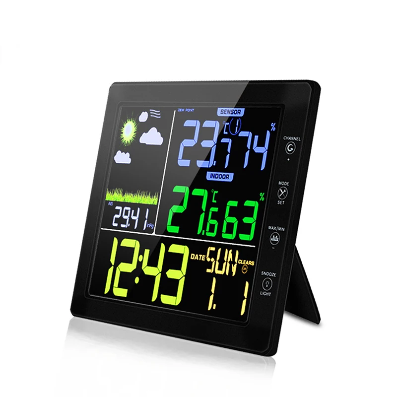 Беспроводная метеостанция будильник с голосовым управлением VA экран цифровые часы термометр/Термогигрометр цифровой настенные часы календарь - Color: Black