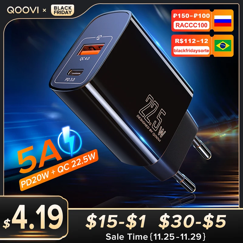Зарядное устройство QOOVI двойной USB Type C PD 20 Вт 5 А настенный адаптер для быстрой