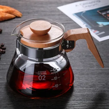 

High Borosilicate Glass Coffee Pot Hand Made Coffee Sharing Pot Heatproof Drip Kettle Teapot Water Container with Wooden Handle