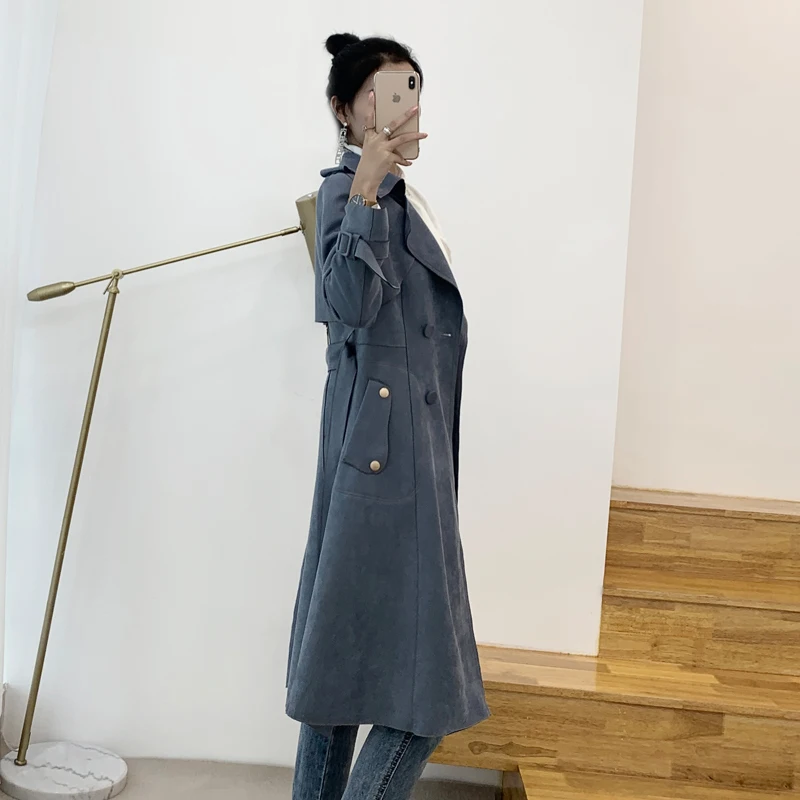 British style spring and autumn women's new high quality suede temperament slim windbreaker long paragraph over the knee Trench