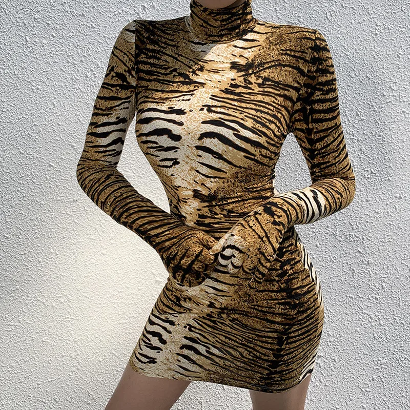 Hugcitar Тигр принтом принт длинным рукавом лонгслив с перчатками сексуальные мини-платья осень зима женское уличная одежда наряды Клубная одежда