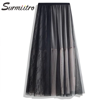 

Surmiitro Lace Patchwork Midi Tulle Skirt Women 2020 Spring Summer Korean Black Mesh High Waist Sun School Pleated Skirt Female