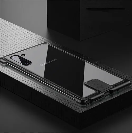 Роскошный Безрамное алюминиевое металлическое чехол-бампер для телефона для samsung Galaxy Note 10 закаленное стекло чехол Note 10 Pro ударопрочный чехол - Цвет: Черный