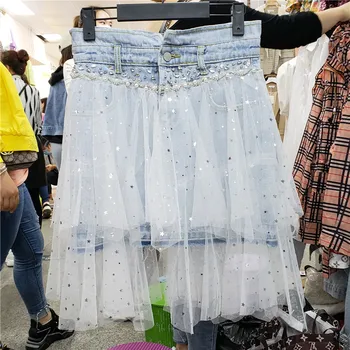 

European Station 2020 New Heavy Industry Beaded High Waist Starry Mesh Irregular Denim Skirt Skirt Women's Skirt