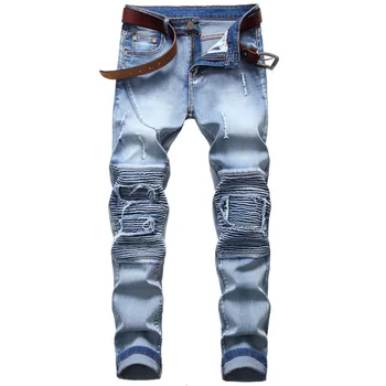 

spring 2020 young men hole in locomotive jeans stretch light color skinny jeans