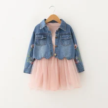 Детский комплект с платьем для девочек, джинсовая куртка+ платье-пачка 2 предмета, платья принцессы для девочек, детский Весенний костюм одежда для малышей осень, 3 года